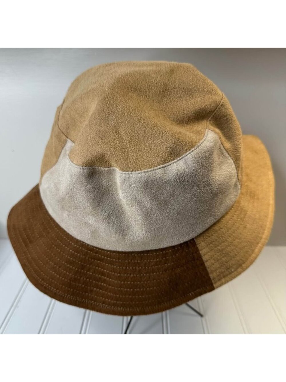 Bohemian Bucket Hat One Size Brown Beige Tan Patchwork Faux Suede